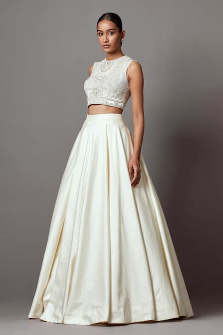 Buy_Mala And Kinnary_Ivory Taffeta Pearls, Sequins, Stones Embellished Blouse With Solid Lehenga_Online_at_Aza_Fashions