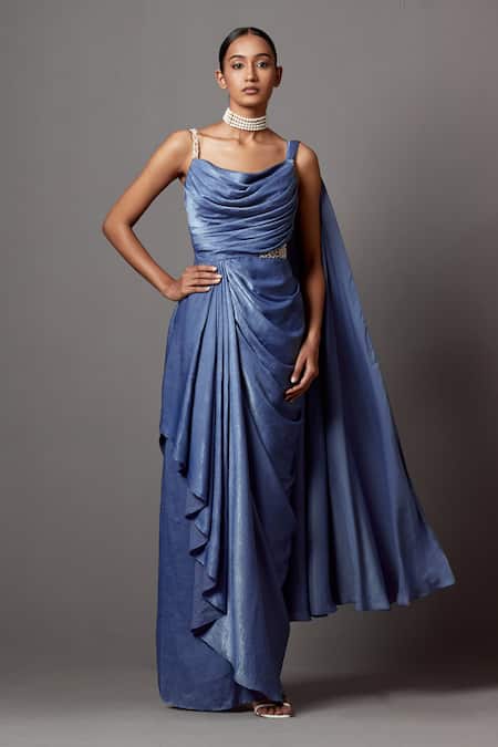 Mala and Kinnary Blue Satin Crepe Embellished Pearl Side Cut-out Draped Saree Gown 