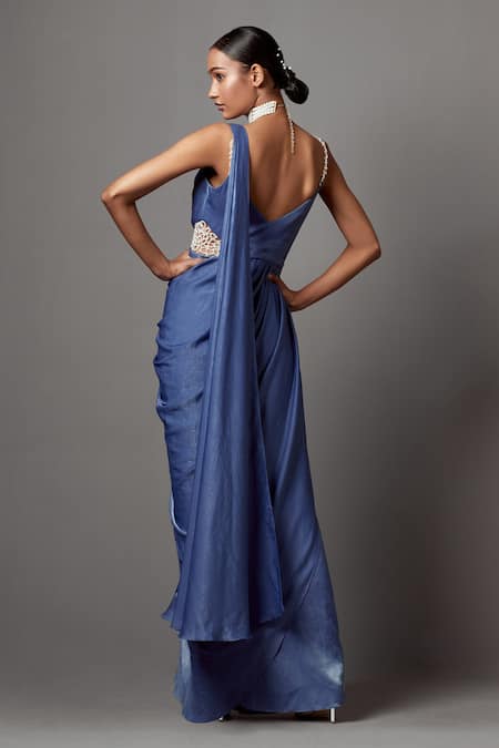 Shop_Mala And Kinnary_Blue Satin, Crepe Pearls Round Neck Side Cut-out Draped Saree Gown_at_Aza_Fashions