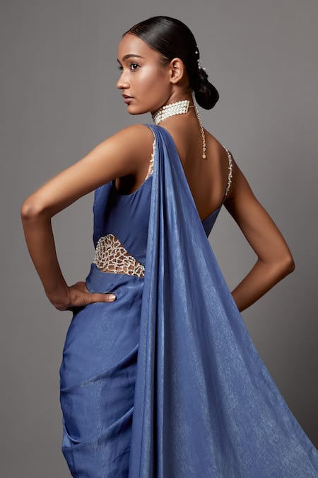 Mala And Kinnary_Blue Satin, Crepe Pearls Round Neck Side Cut-out Draped Saree Gown_Online_at_Aza_Fashions
