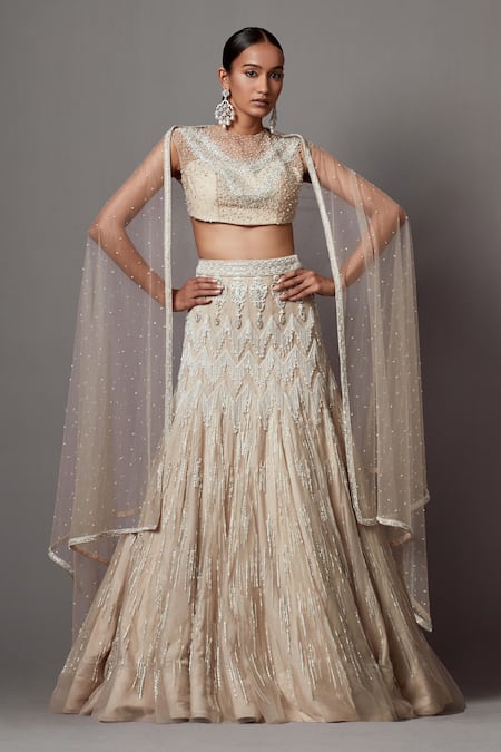 MALA AND KINNARY Beige Net Embroidered Pearl Round Chevron Crystal Embellished Bridal Lehenga Set 