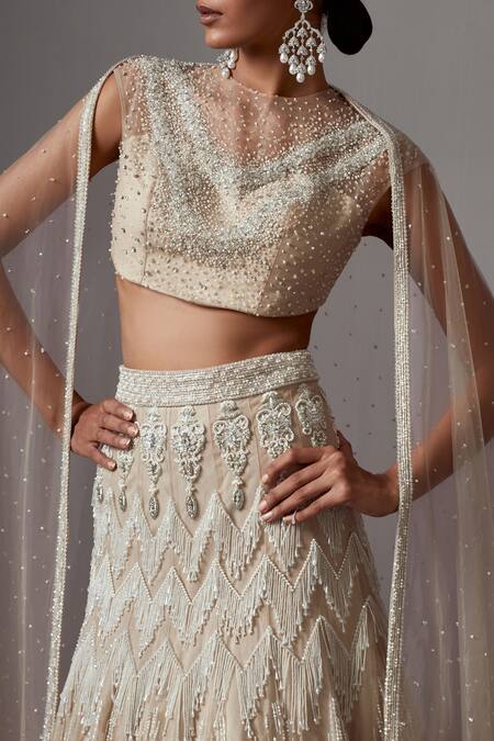 Mala And Kinnary_Beige Net Sequins, Crystals, Pearls Chevron Embellished Bridal Lehenga Set_Online_at_Aza_Fashions