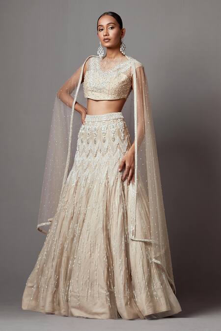Shop_Mala And Kinnary_Beige Net Sequins, Crystals, Pearls Chevron Embellished Bridal Lehenga Set_Online_at_Aza_Fashions