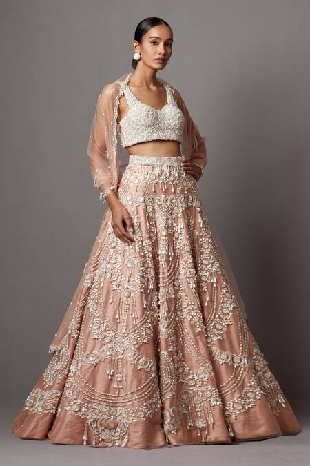 Mala And Kinnary_Pink Net Pearls, Crystals, Sequins Embellished Floral Scallop Bridal Lehenga Set_Online_at_Aza_Fashions