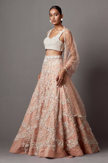 Buy_Mala And Kinnary_Pink Net Pearls, Crystals, Sequins Embellished Floral Scallop Bridal Lehenga Set_Online_at_Aza_Fashions