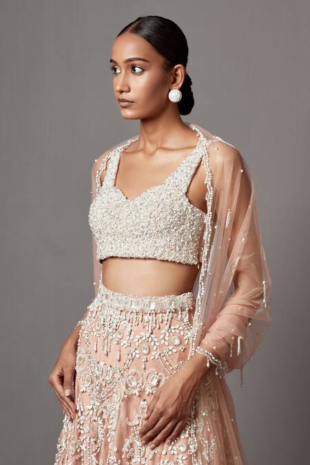 Shop_Mala And Kinnary_Pink Net Pearls, Crystals, Sequins Embellished Floral Scallop Bridal Lehenga Set_Online_at_Aza_Fashions