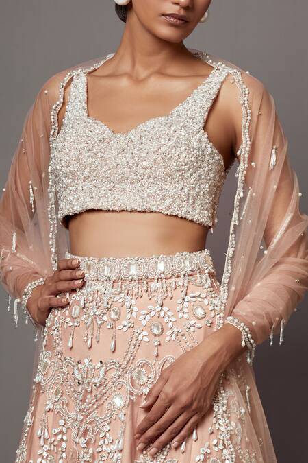 Mala And Kinnary_Pink Net Pearls, Crystals, Sequins Embellished Floral Scallop Bridal Lehenga Set_at_Aza_Fashions