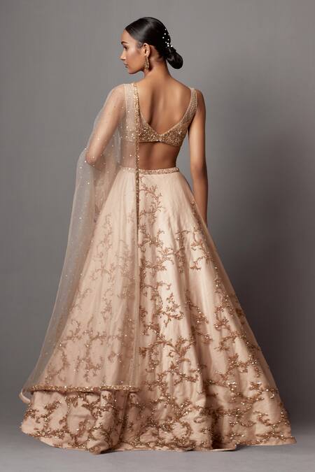 Shop Mala And Kinnary Beige Net Sequins, Crystals V-neck Embellished Baroque Bridal Lehenga Set at Aza Fashions Shop_Mala And Kinnary_Beige Net Sequins, Crystals V-neck Embellished Baroque Bridal Lehenga Set_at_Aza_Fashions