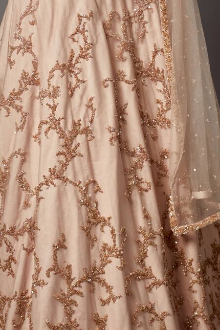 Mala And Kinnary Beige Net Sequins, Crystals V-neck Embellished Baroque Bridal Lehenga Set at Aza Fashions Mala And Kinnary_Beige Net Sequins, Crystals V-neck Embellished Baroque Bridal Lehenga Set_at_Aza_Fashions