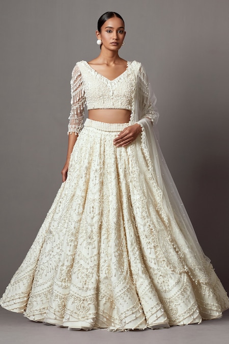 Mala and Kinnary Ivory Net Embroidered Pearl V-neck Scallop Bridal Lehenga Set 