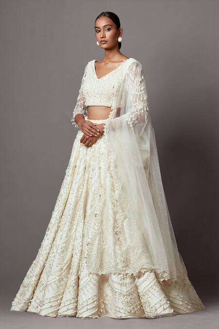 Mala And Kinnary_Ivory Net Pearls, Sequins, Crystals Scallop Embroidered Bridal Lehenga Set_Online_at_Aza_Fashions