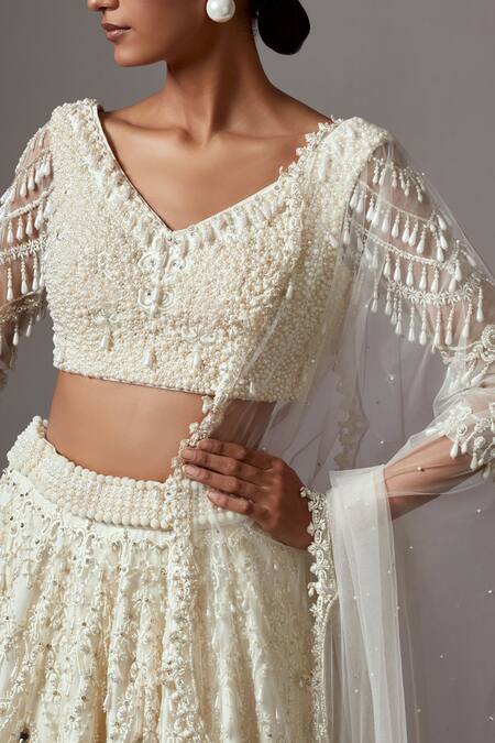 Buy_Mala And Kinnary_Ivory Net Pearls, Sequins, Crystals Scallop Embroidered Bridal Lehenga Set_Online_at_Aza_Fashions