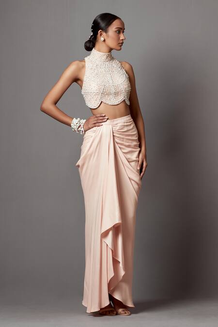 Mala And Kinnary_Pink Net, Denim, Embellished Floral Jaal Patterned Blouse With Draped Skirt_Online_at_Aza_Fashions