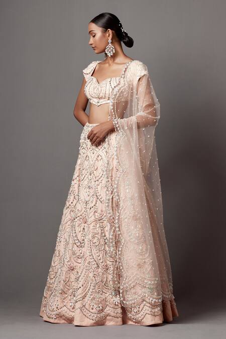 Mala And Kinnary_Pink Net Pearls, Sequins, Crystals, Embellished Victorian Bridal Lehenga Set_Online_at_Aza_Fashions