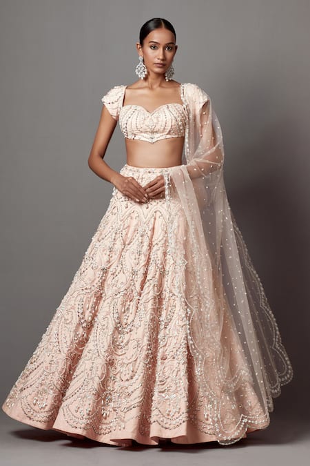 Shop_Mala And Kinnary_Pink Net Pearls, Sequins, Crystals, Embellished Victorian Bridal Lehenga Set_Online_at_Aza_Fashions