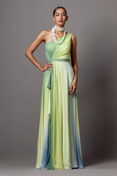 Mala and Kinnary Multi Color Georgette Ombre One Shoulder Gown 