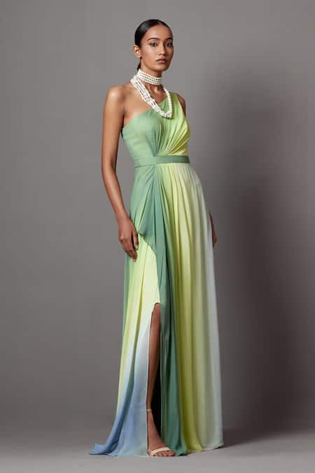 Mala And Kinnary_Multi Color Georgette One Shoulder Ombre Gown _Online_at_Aza_Fashions