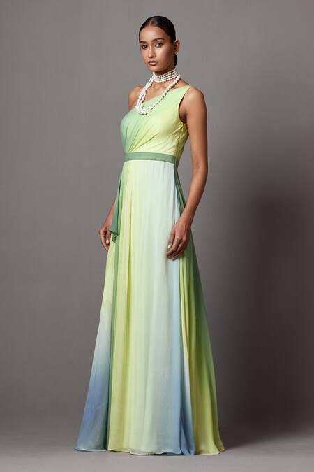 Buy_Mala And Kinnary_Multi Color Georgette One Shoulder Ombre Gown _Online_at_Aza_Fashions