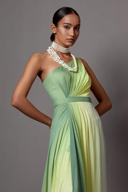 Shop_Mala And Kinnary_Multi Color Georgette One Shoulder Ombre Gown _Online_at_Aza_Fashions