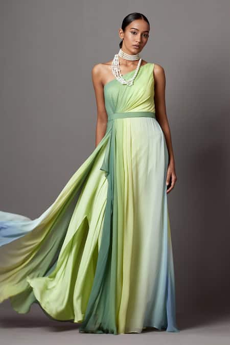 Mala And Kinnary_Multi Color Georgette One Shoulder Ombre Gown _at_Aza_Fashions