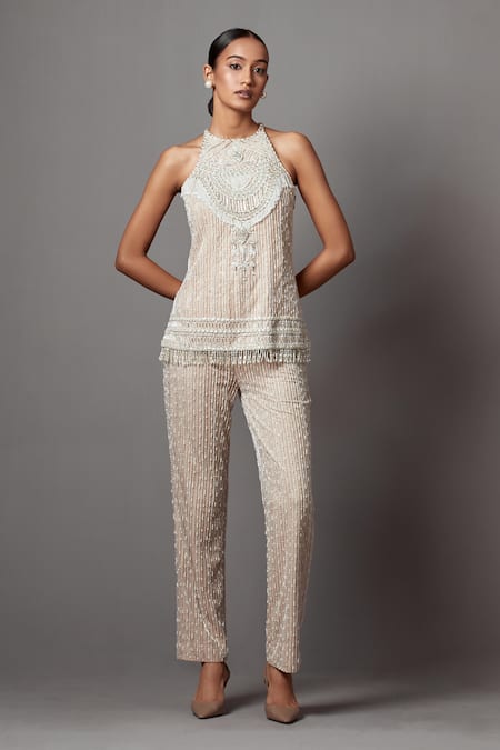 Mala and Kinnary Beige Net Embroidered Pearl Crystal Stripe Embellished Top With Pant 