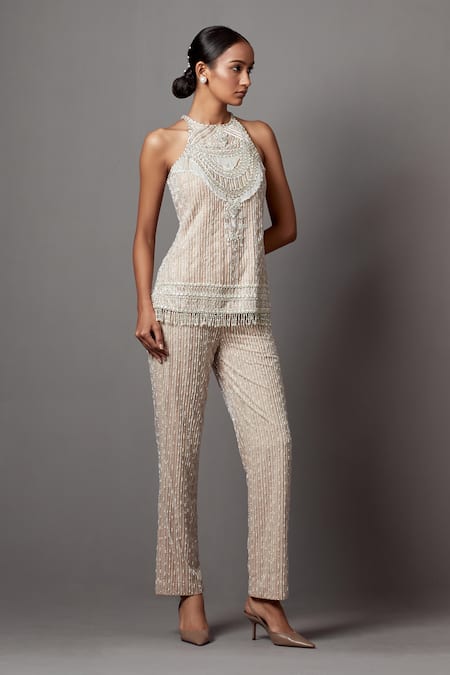 Mala And Kinnary Beige Net Pearls, Sequins, Stones Crystal Stripe Embellished Top With Pant Online at Aza Fashions Mala And Kinnary_Beige Net Pearls, Sequins, Stones Crystal Stripe Embellished Top With Pant_Online_at_Aza_Fashions