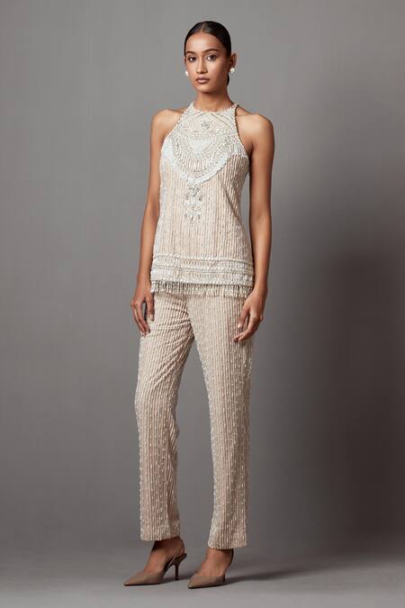 Buy Mala And Kinnary Beige Net Pearls, Sequins, Stones Crystal Stripe Embellished Top With Pant Online at Aza Fashions Buy_Mala And Kinnary_Beige Net Pearls, Sequins, Stones Crystal Stripe Embellished Top With Pant_Online_at_Aza_Fashions