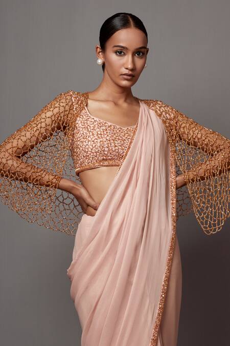 Mala And Kinnary_Pink Georgette Sequins, Crystals V-neck Embellished Saree Cape Set_Online_at_Aza_Fashions