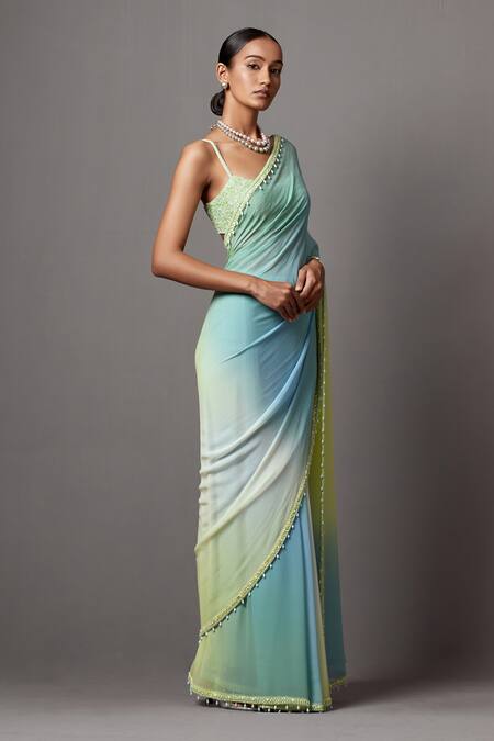 Mala And Kinnary_Blue Georgette Sequins, Beads Round Ombre Saree With Crystal Embellished Blouse_Online_at_Aza_Fashions