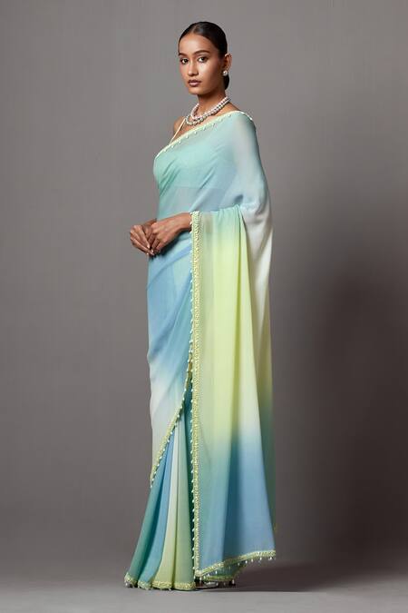 Buy_Mala And Kinnary_Blue Georgette Sequins, Beads Round Ombre Saree With Crystal Embellished Blouse_Online_at_Aza_Fashions