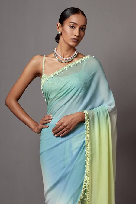 Shop_Mala And Kinnary_Blue Georgette Sequins, Beads Round Ombre Saree With Crystal Embellished Blouse_Online_at_Aza_Fashions