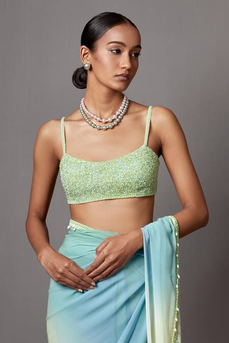 Mala And Kinnary_Blue Georgette Sequins, Beads Round Ombre Saree With Crystal Embellished Blouse_at_Aza_Fashions