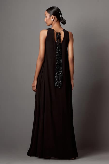 Shop_Mala And Kinnary_Black Georgette Embellished Crystal V-neck Bead Scallop Pattern Gown _at_Aza_Fashions