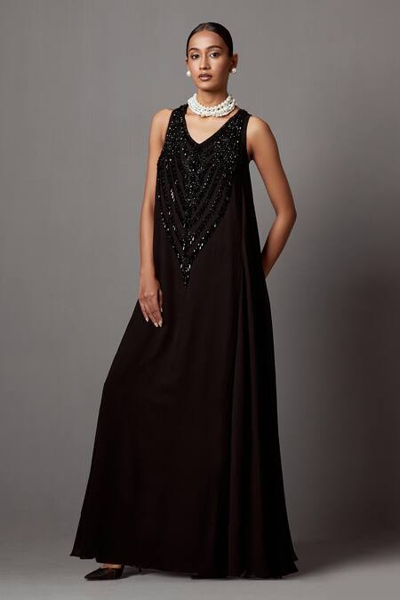 Mala And Kinnary_Black Georgette Embellished Crystal V-neck Bead Scallop Pattern Gown _Online_at_Aza_Fashions