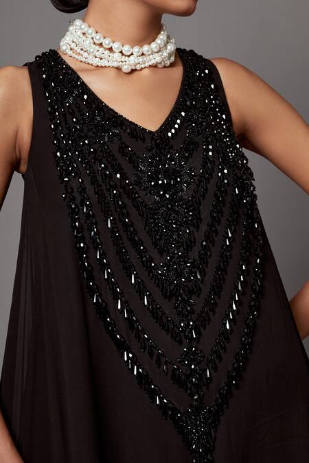 Shop_Mala And Kinnary_Black Georgette Embellished Crystal V-neck Bead Scallop Pattern Gown _Online_at_Aza_Fashions