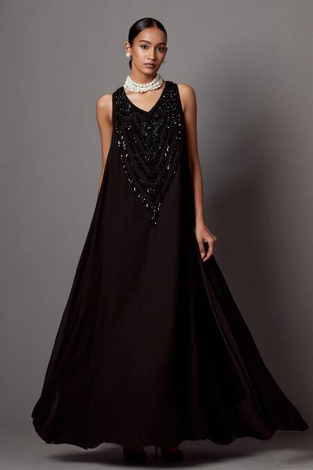 Mala And Kinnary_Black Georgette Embellished Crystal V-neck Bead Scallop Pattern Gown _at_Aza_Fashions