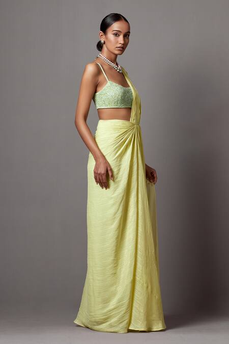 Mala And Kinnary_Yellow Lurex, Georgette Beads, Textured Pre-draped Saree With Embellished Blouse_Online_at_Aza_Fashions