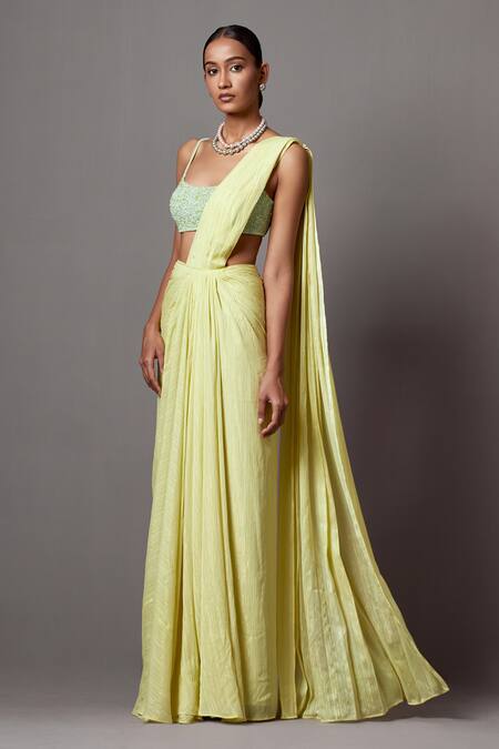 Buy_Mala And Kinnary_Yellow Lurex, Georgette Beads, Textured Pre-draped Saree With Embellished Blouse_Online_at_Aza_Fashions