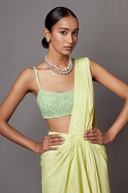 Shop_Mala And Kinnary_Yellow Lurex, Georgette Beads, Textured Pre-draped Saree With Embellished Blouse_Online_at_Aza_Fashions