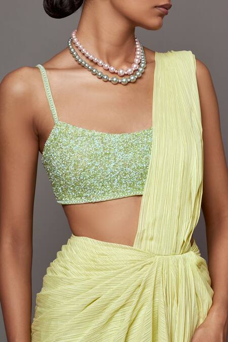Mala And Kinnary_Yellow Lurex, Georgette Beads, Textured Pre-draped Saree With Embellished Blouse_at_Aza_Fashions