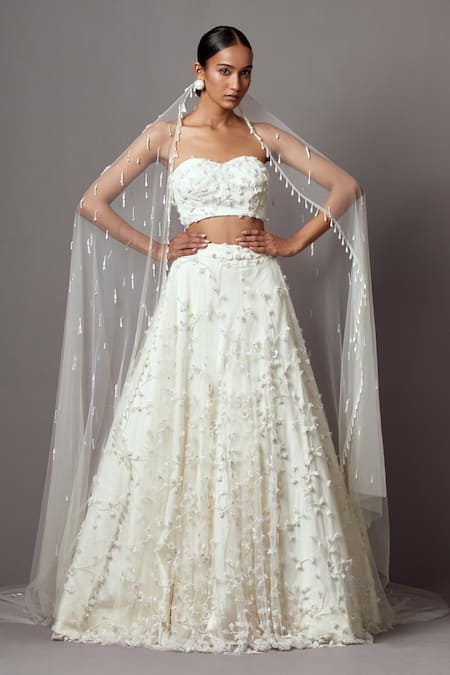 MALA AND KINNARY Ivory Net Embroidered Pearl Sweetheart 3-d Bellflower Embellished Lehenga Set 