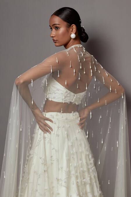 Mala And Kinnary_Ivory Net Sequins, Pearls, Crystals 3-d Bellflower Embellished Lehenga Set_Online_at_Aza_Fashions