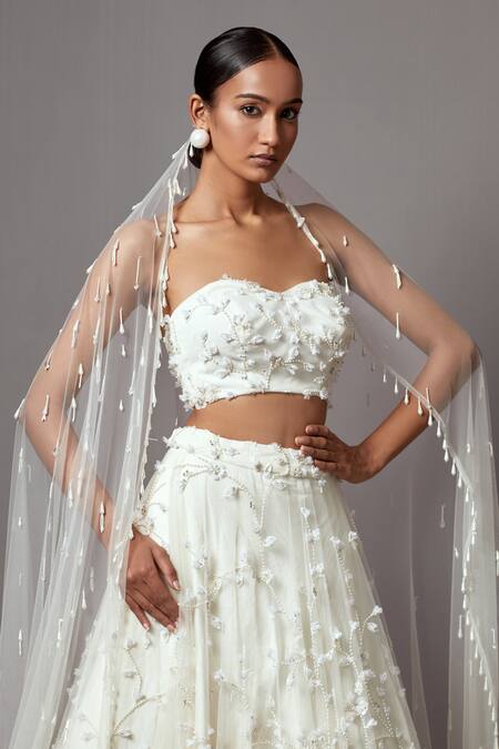 Buy_Mala And Kinnary_Ivory Net Sequins, Pearls, Crystals 3-d Bellflower Embellished Lehenga Set_Online_at_Aza_Fashions