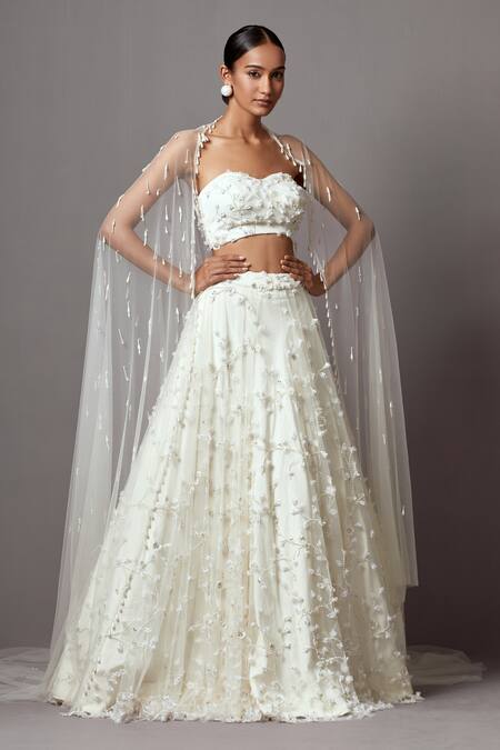 Shop_Mala And Kinnary_Ivory Net Sequins, Pearls, Crystals 3-d Bellflower Embellished Lehenga Set_Online_at_Aza_Fashions