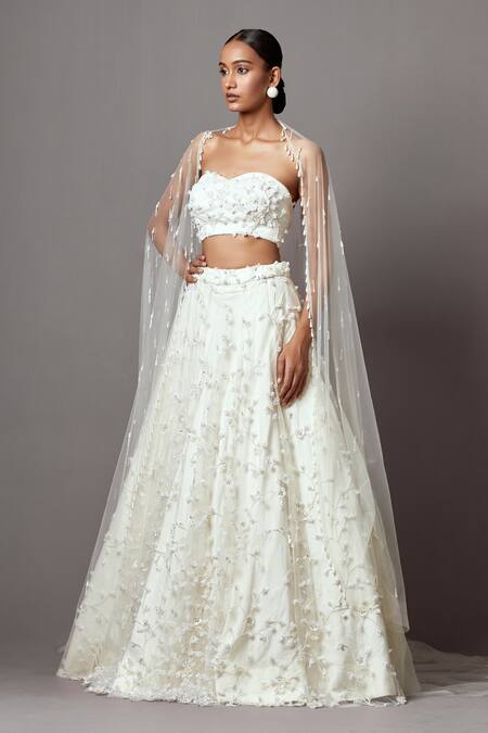 Mala And Kinnary_Ivory Net Sequins, Pearls, Crystals 3-d Bellflower Embellished Lehenga Set_at_Aza_Fashions