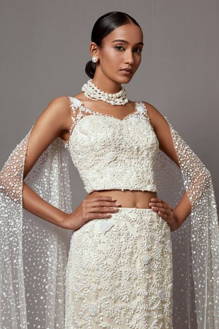 Mala And Kinnary_White Net Pearls, Sequins, Embroidered Mermaid Trail Lehenga With Corset_Online_at_Aza_Fashions