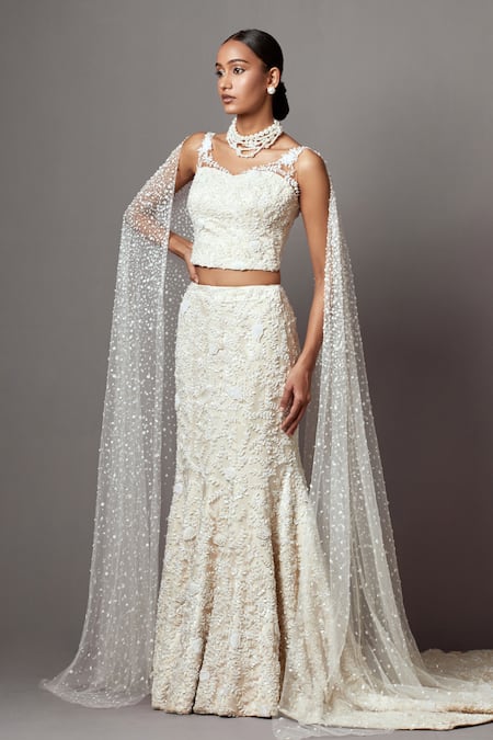 Buy_Mala And Kinnary_White Net Pearls, Sequins, Embroidered Mermaid Trail Lehenga With Corset_Online_at_Aza_Fashions