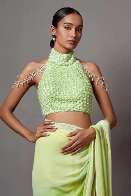 Mala And Kinnary Yellow Georgette Sequins, Beads, Ombre Saree With Crystal Embellished Blouse Online at Aza Fashions Mala And Kinnary_Yellow Georgette Sequins, Beads, Ombre Saree With Crystal Embellished Blouse_Online_at_Aza_Fashions