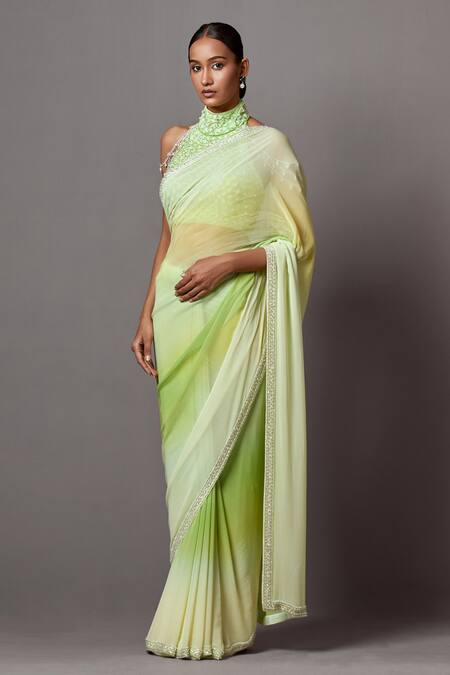 Shop Mala And Kinnary Yellow Georgette Sequins, Beads, Ombre Saree With Crystal Embellished Blouse Online at Aza Fashions Shop_Mala And Kinnary_Yellow Georgette Sequins, Beads, Ombre Saree With Crystal Embellished Blouse_Online_at_Aza_Fashions