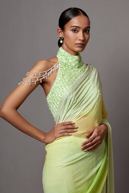 Mala And Kinnary Yellow Georgette Sequins, Beads, Ombre Saree With Crystal Embellished Blouse at Aza Fashions Mala And Kinnary_Yellow Georgette Sequins, Beads, Ombre Saree With Crystal Embellished Blouse_at_Aza_Fashions